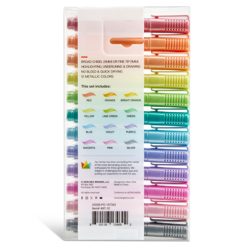 Highlighters 12 Metallic Colors - Studio - KINGART