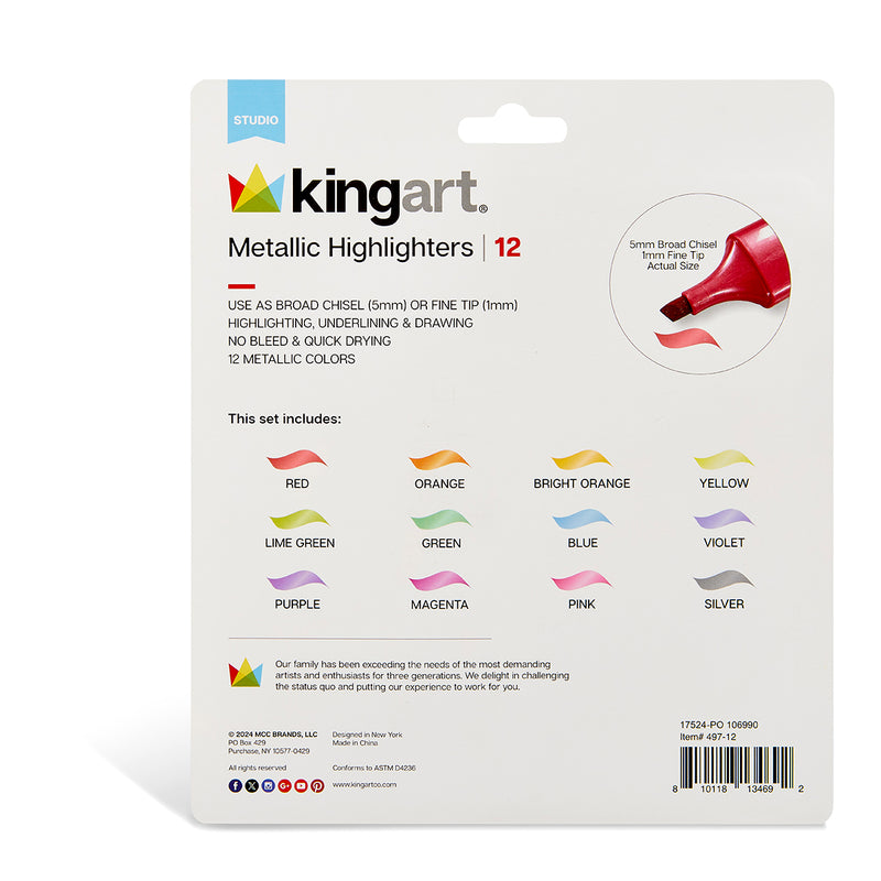 Highlighters 12 Metallic Colors - Studio - KINGART