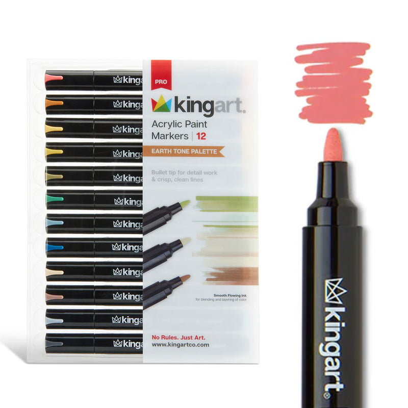 PRO Acrylic Paint Markers - 2mm Bullet Tip - 12 Earth Tones - MARKERS & PENS - KINGART