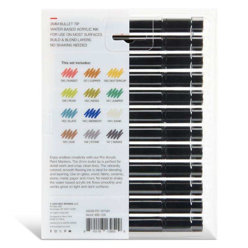 PRO Acrylic Paint Markers - Bullet Tip - 12 Earth Tones - MARKERS & PENS - KINGART