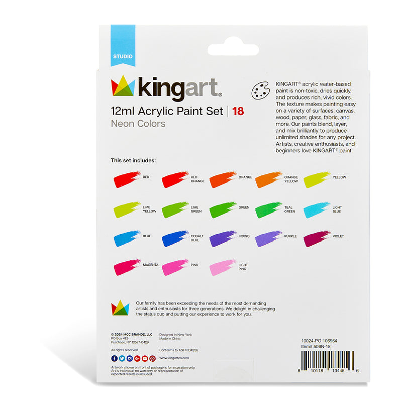 Acrylic Paint 18 Neon Colors - Studio - KINGART®