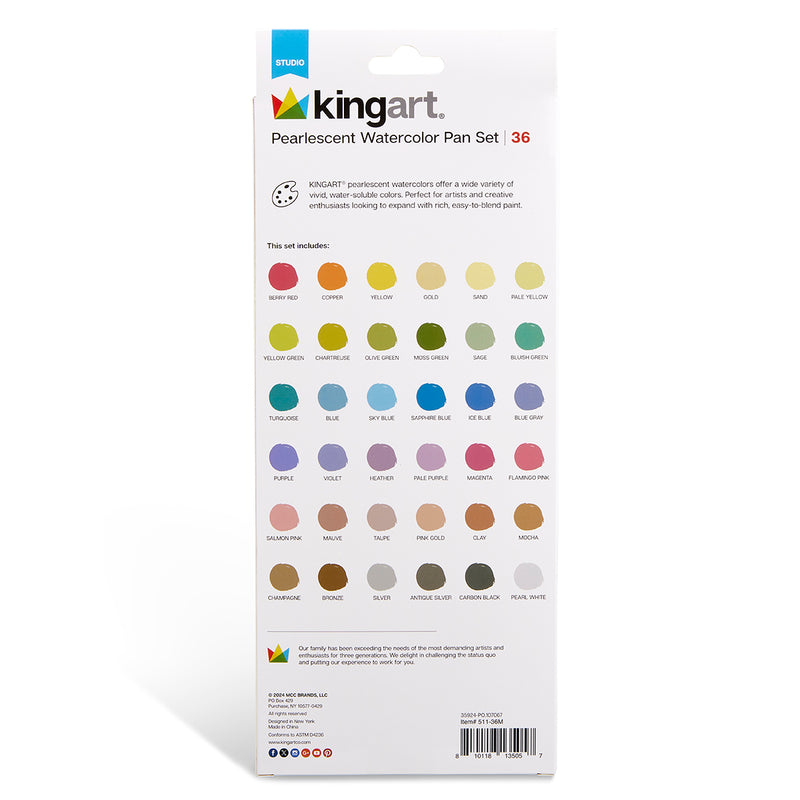 Watercolor Paint Set, 36 Pearlescent Colors - Studio - KINGART®