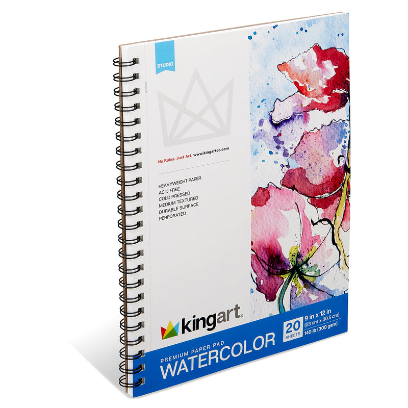 Watercolor Paper Pad, Spiral Bound, 9” X 12”, 20-Sheets - Studio - KINGART®