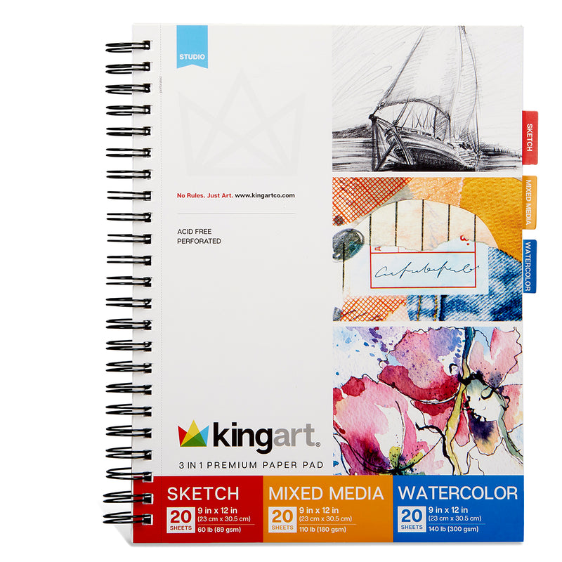 Paper Pad 3-in-1, Sketch, Mixed Media, & Watercolor, 9” X 12”, 60 Sheets - Studio - KINGART®