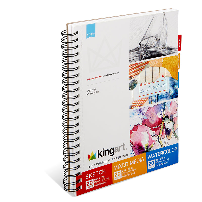 Paper Pad 3-in-1, Sketch, Mixed Media, & Watercolor, 9” X 12”, 60 Sheets - Studio - KINGART®