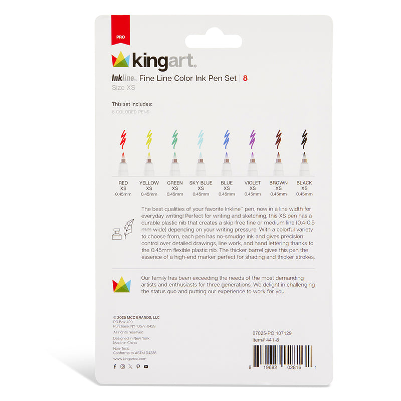Inkline™ Fine Line Pens 8 Colors 0.45mm XS - Pro - KINGART