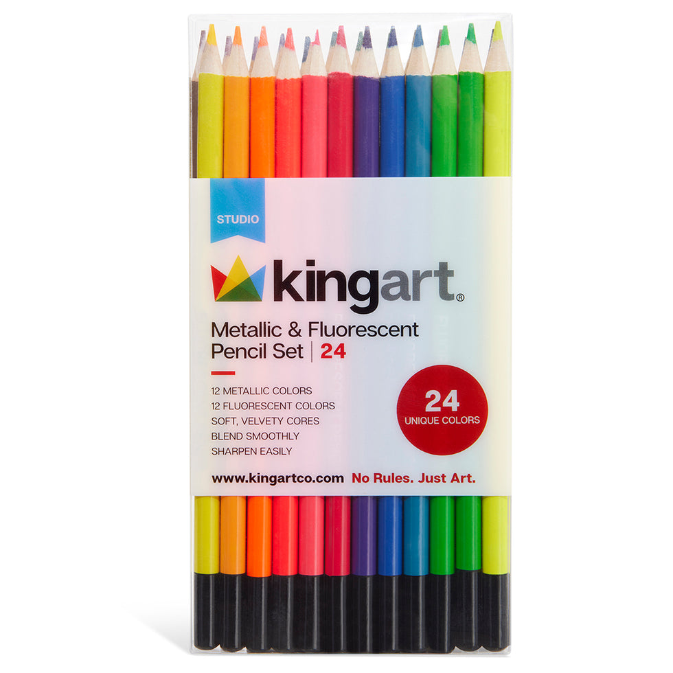 KINGART® Colored Metallic & Fluorescent Pencil Set, 24 Unique Colors