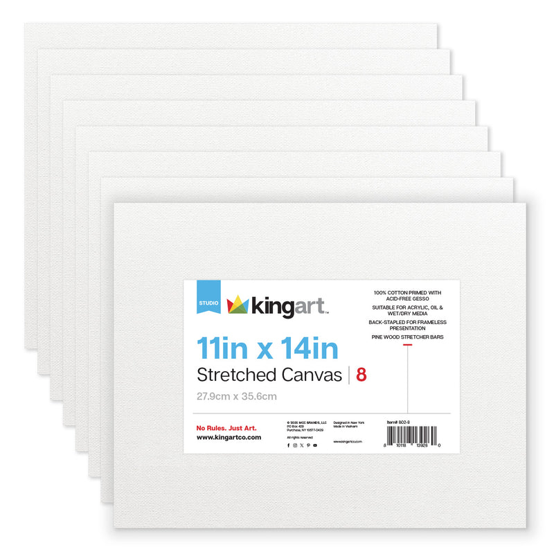 Stretched White Canvas Set - 11" x 14" - 8 Pack - 100% Cotton, Primed - STRETCHED CANVAS & PANEL BOARDS - KINGART