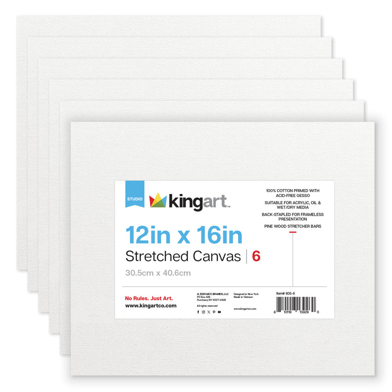 Stretched White Canvas Set - 12" x 16” - 6 Pack - 100% Cotton, Primed - STRETCHED CANVAS & PANEL BOARDS - KINGART