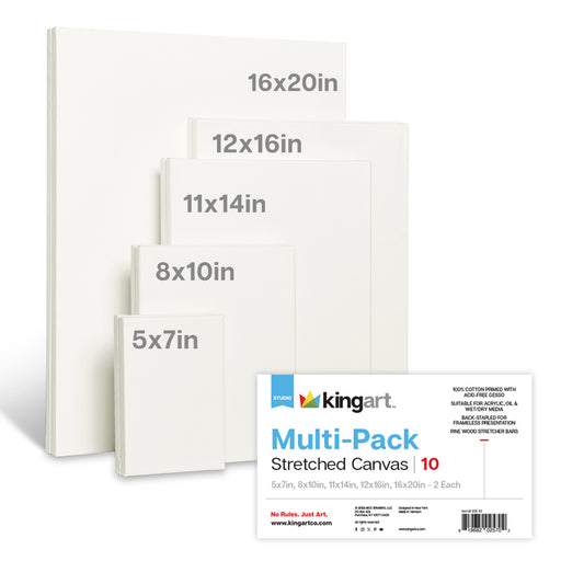 Stretched White Canvas - Mixed Sizes - 10 Pack (5x7, 8x10, 11x14, 12x16, 16x20) - STRETCHED CANVAS & PANEL BOARDS - KINGART