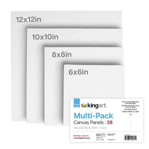 White Canvas Panels – Mixed Sizes - 28 Pack (6x6, 8x8, 10x10, 12x12) - Studio - KINGART