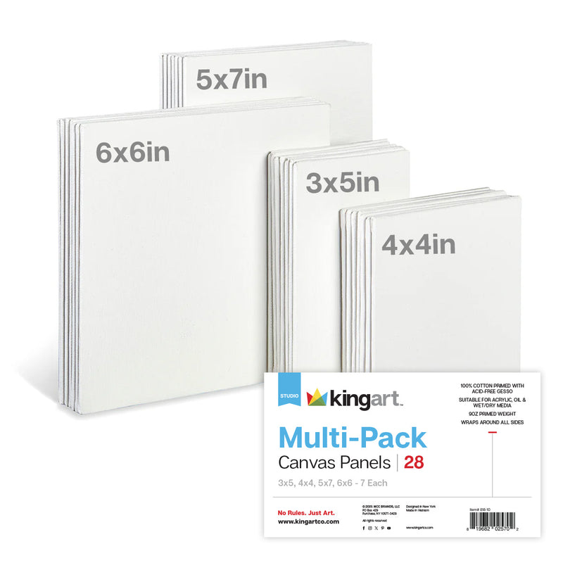 White Canvas Panels – Mixed Sizes  - 28 Pack (3x5, 4x4, 5x7, 6x6) - STRETCHED CANVAS & PANEL BOARDS - KINGART