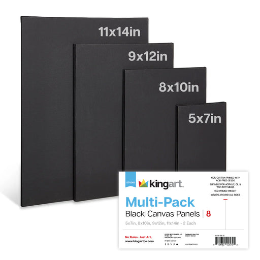 Black Canvas Panels – Multi-Size Set - 8 Pack (5x7, 8x10, 9x12, 11x14) - STRETCHED CANVAS & PANEL BOARDS - KINGART