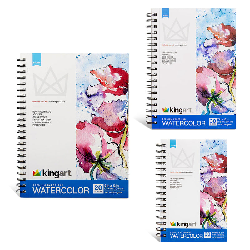 Watercolor Paper Pad Bundle – 3 Pack (5.5”x8.5”, 7”x10”, 9”x12”) – Cold Press, 140lb (300gsm) - ARTIST PAPER - KINGART