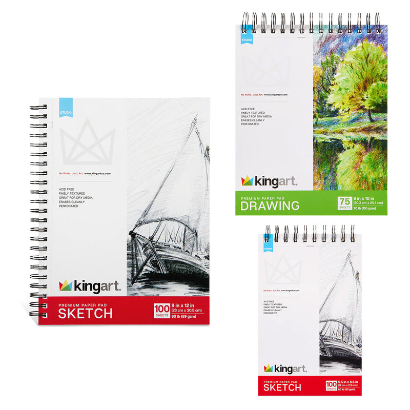 Sketch & Drawing Pads 3-Pack Bundle (9" x 12", 8" x 10", 5.5" x 8.5") - ARTIST PAPER - KINGART