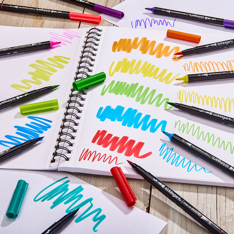 Twin-Tip™ Brush Pens 12 BRIGHT Colors - Pro - KINGART