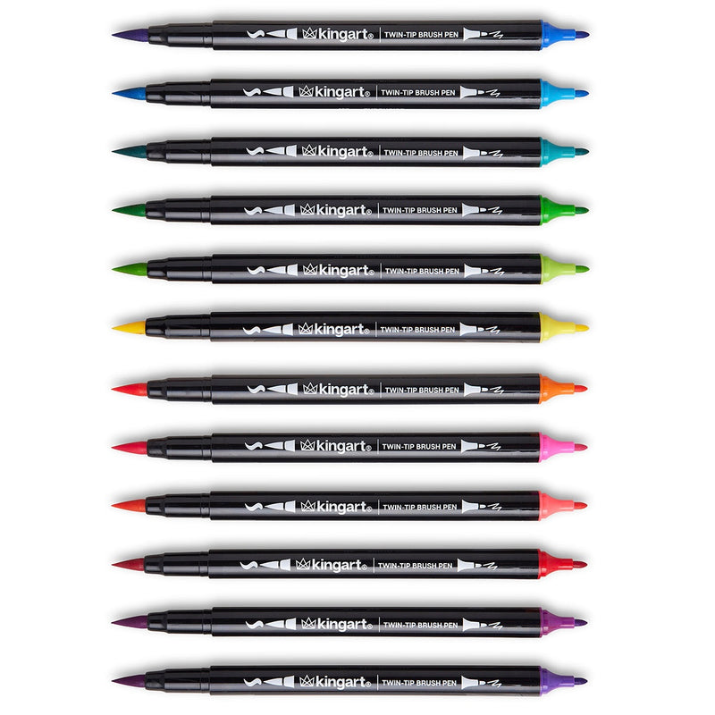 Twin-Tip™ Brush Pens 12 BRIGHT Colors - Pro - KINGART