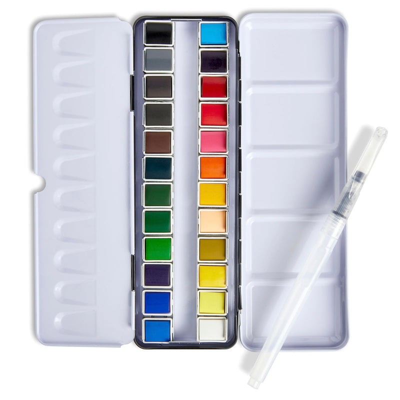 PRO Watercolor Half Pans in Metal Box – 24 Colors & Water Brush Pen