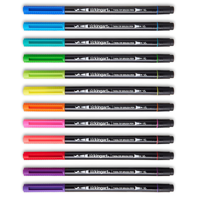 Twin-Tip™ Brush Pens 12 BRIGHT Colors - Pro - KINGART