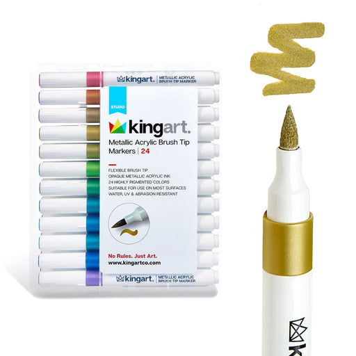 Acrylic Paint Markers, Brush Tip 24 Metallic Colors - Studio - KINGART