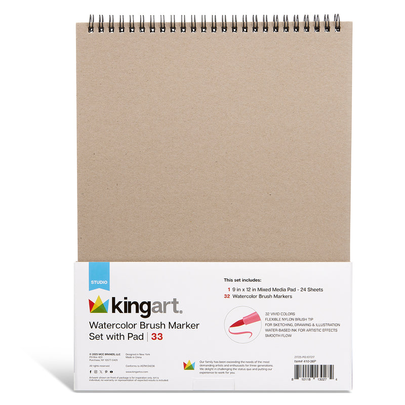 Watercolor Brush Markers 32 pc with Mixed Media Pad - MARKERS & PENS - KINGART