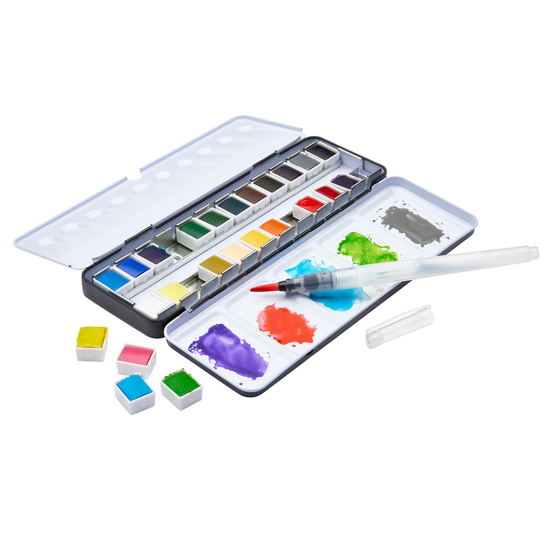 PRO Watercolor Half Pans in Metal Box – 24 Colors & Water Brush Pen