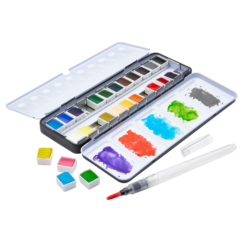 PRO Watercolor Half Pans in Metal Box – 24 Colors & Water Brush Pen