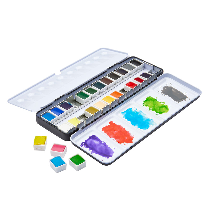 PRO Watercolor Half Pans in Metal Box – 24 Colors & Water Brush Pen