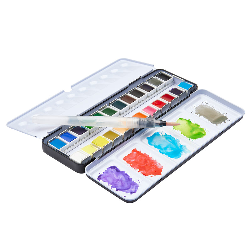 PRO Watercolor Half Pans in Metal Box – 24 Colors & Water Brush Pen