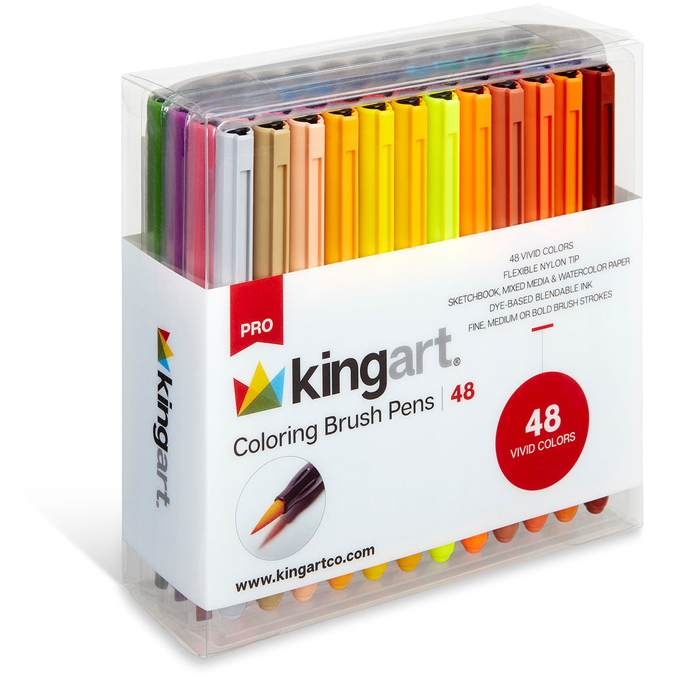 KINGART® PRO Coloring Brush Pen Watercolor Markers, 48 Vivid Colors