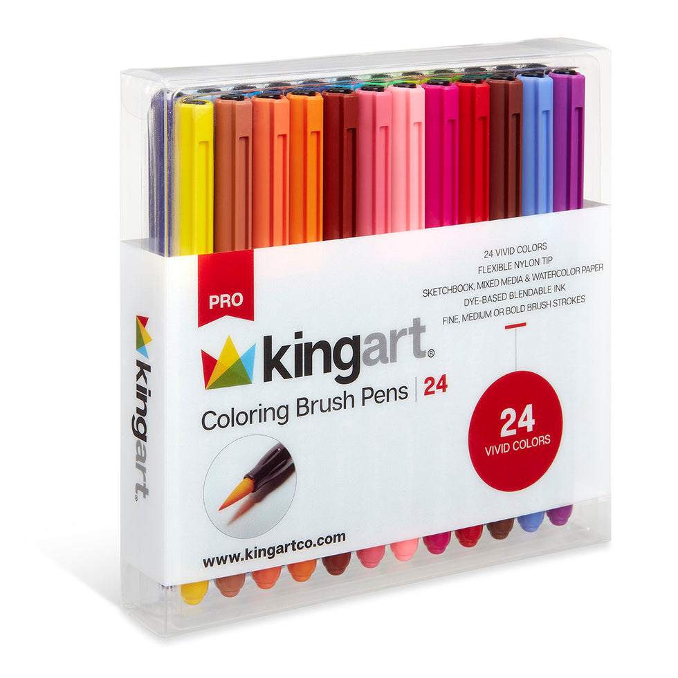 KINGART® PRO Coloring Brush Pen Watercolor Markers, 24 Vivid Colors