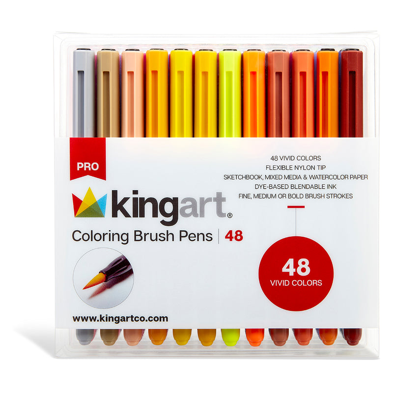 KINGART® PRO Coloring Brush Pen Watercolor Markers, 48 Vivid Colors with Blendable Ink for Fine, Medium, or Bold Brush Strokes - Pro - KINGART®