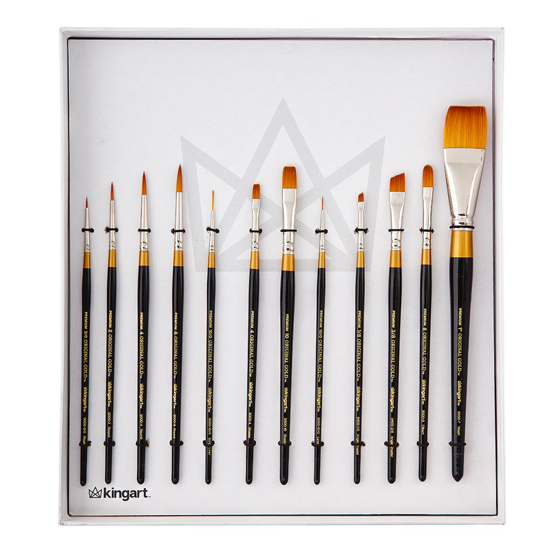 KINGART® Original Gold® Series, Golden Taklon Brushes, Gift Box, Set of 12 - KINGART