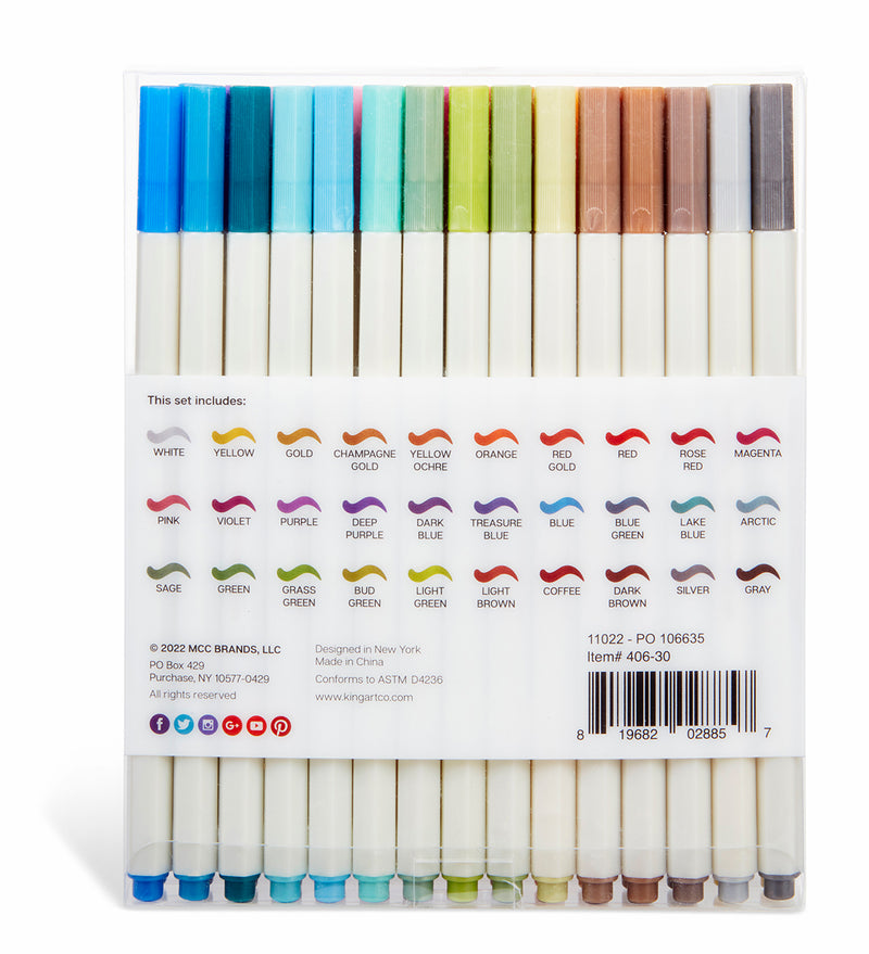 KINGART® Studio Metallic Marker Pens, Fine Point, Set of 30 Unique Opaque Colors - Studio - KINGART