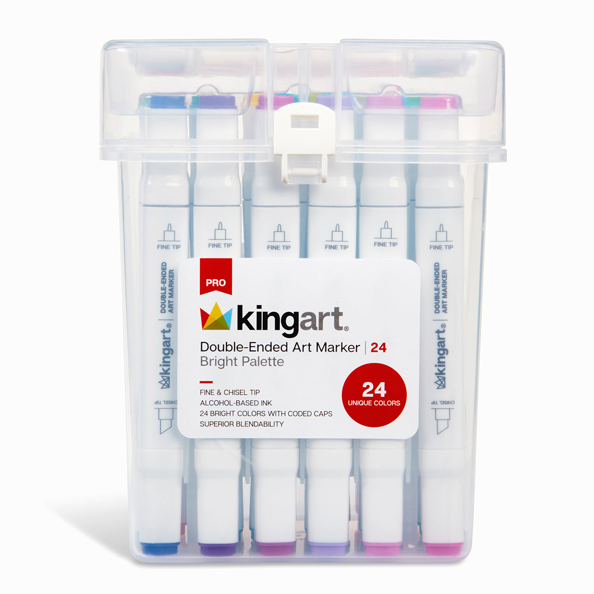 KINGART® PRO Double-Ended Art Alcohol Markers, 24 Bright Palette Colors  with Both Fine & Chisel Tips and Superior Blendability