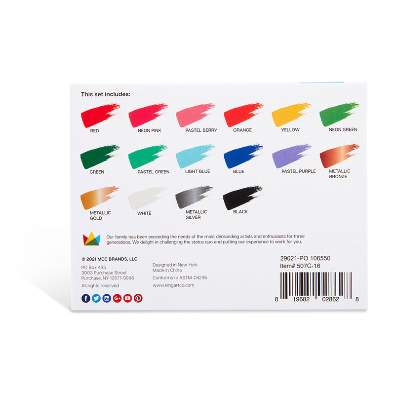 KINGART® Pouring Acrylic Paint, 60ml (2oz) Bottle, Pre-Mixed Ready to Pour, Set of 16 Unique Colors - KINGART