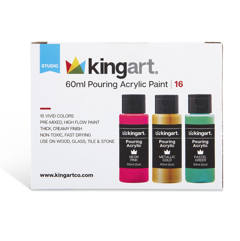 KINGART® Pouring Acrylic Paint, 60ml (2oz) Bottle, Pre-Mixed Ready to Pour, Set of 16 Unique Colors - Studio - KINGART