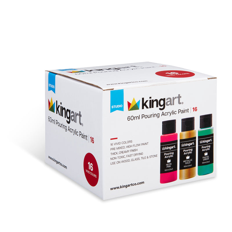 KINGART® Pouring Acrylic Paint, 60ml (2oz) Bottle, Pre-Mixed Ready to Pour, Set of 16 Unique Colors - KINGART