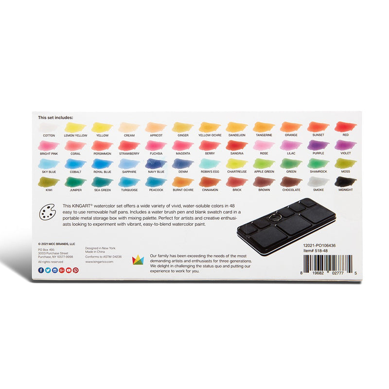 KINGART® PRO Artist Watercolor Half-Pans, Tin Box with Water Brush, Set of 48 Vibrant Colors - KINGART