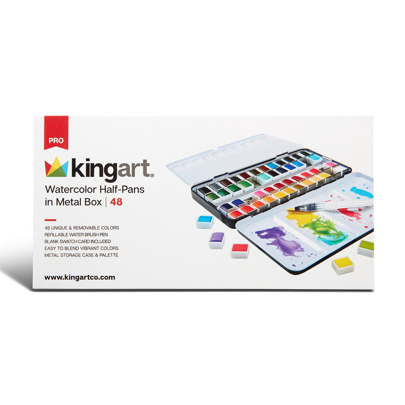 KINGART® PRO Artist Watercolor Half-Pans, Tin Box with Water Brush, Set of 48 Vibrant Colors - KINGART