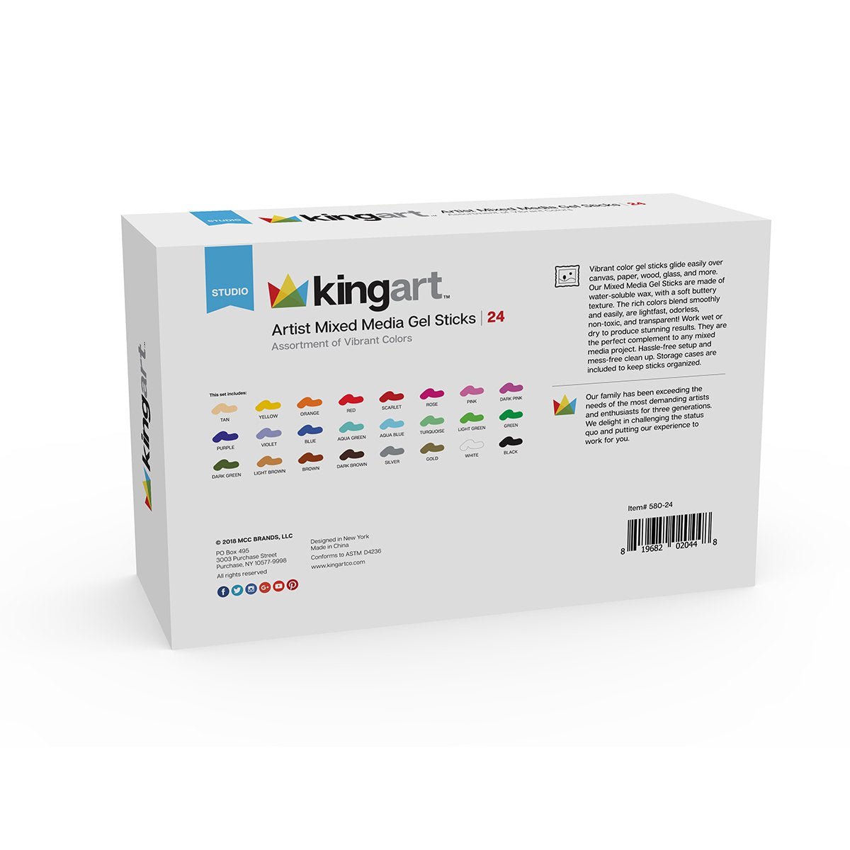 KINGART™ Artist Mixed Media Gel Stick Crayons, Set of 24 Unique Colors