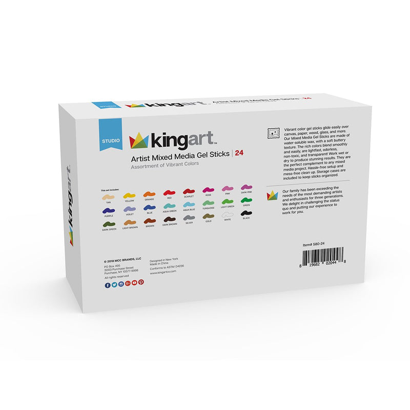 KINGART® Gel Stick Artist Mixed Media Crayons, Set of 24 Unique Colors - KINGART