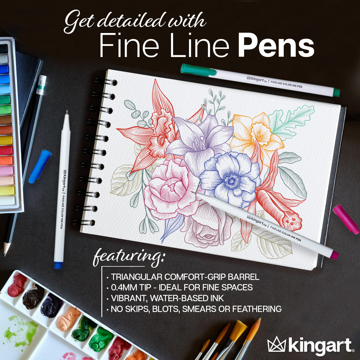 KINGART® Fine Line Color Ink Pens, Set of 24 Unique Colors, Size 0.4 mm