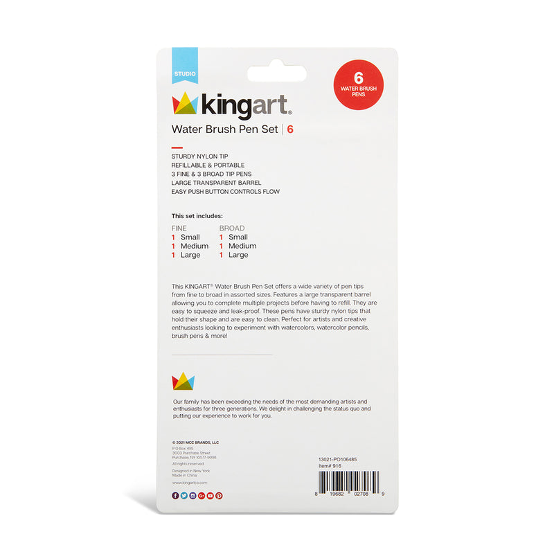 KINGART® Studio Water Brush Pens, Set of 6 - KINGART