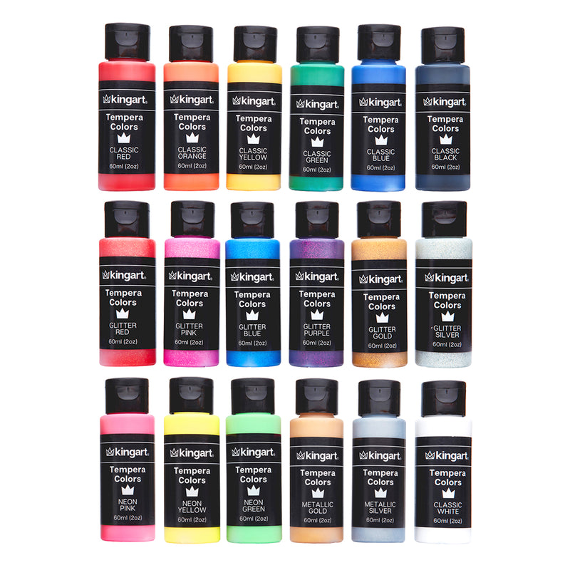 KINGART® Kids Tempera Paint, Washable, 60ml (2oz) Bottles, 18 Assorted Colors - KINGART