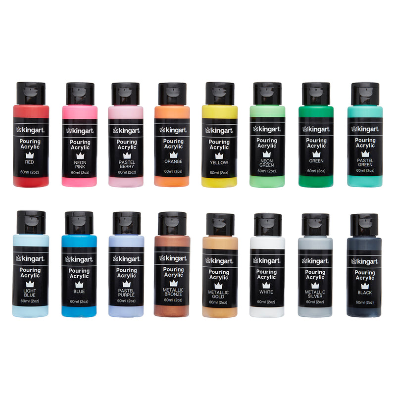 KINGART® Pouring Acrylic Paint, 60ml (2oz) Bottle, Pre-Mixed Ready to Pour, Set of 16 Unique Colors - KINGART