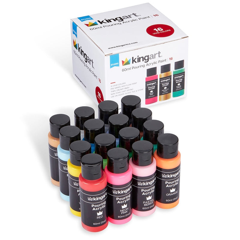 KINGART® Pouring Acrylic Paint, 60ml (2oz) Bottle, Pre-Mixed Ready to Pour, Set of 16 Unique Colors - Studio - KINGART