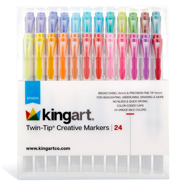 KINGART® Twin-Tip® Creative Markers, Soft Mild Pastel Highlighter Pens,  Broad & Fine Tips, Set of 24, KINGART