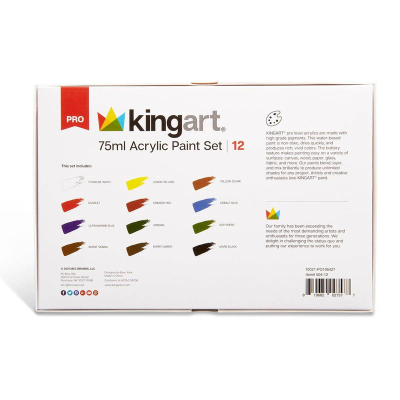 KINGART® PRO Artist Acrylic Paint, 75ml (2.54oz), Set of 12 Unique Colors - KINGART