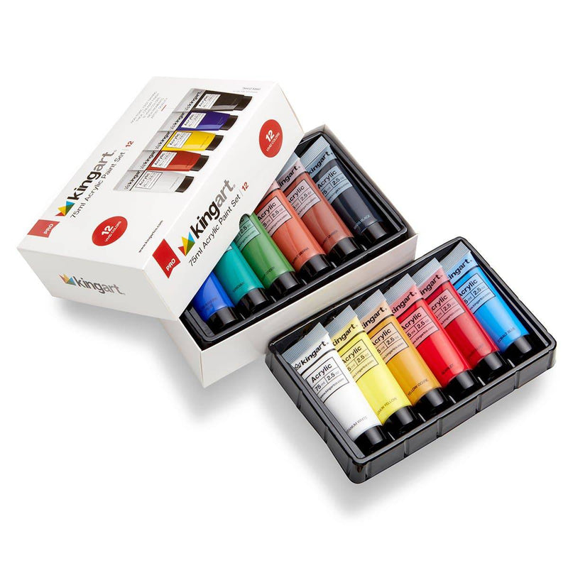 KINGART® PRO Artist Acrylic Paint, 75ml (2.54oz), Set of 12 Unique Colors - KINGART